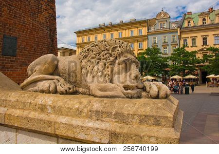 Krakow, Poland - July 8th 2018. One Of The Stone Lions Outside The Town Hall Tower In The Historic R