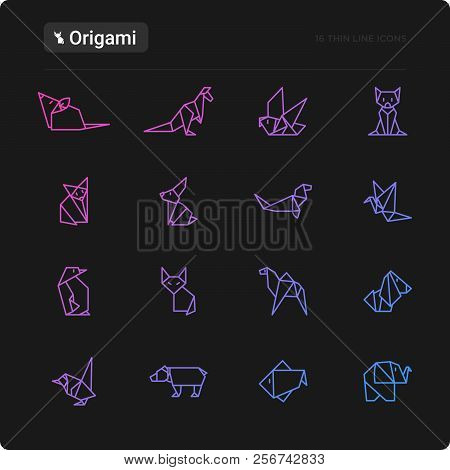 Origami Thin Line Icons Set: Penguin, Camel, Fox, Bear, Sparrow, Fish, Mouse, Bird, Elephant, Kangar