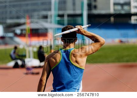 Javelin Throw Back Athlete Javelin Thrower Attempt In Competition