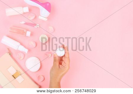 Skincare Beauty Treatment Plant-based Products With Pink Rose Petals. Jar Of Body Moisturizer, Attar