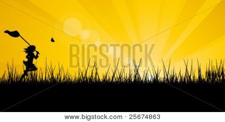 少女蝶の牧草地を実行します。日の出。