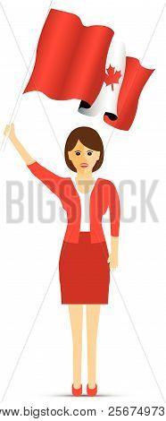 Red And White Dressed Canadian Woman Waving A Flag
