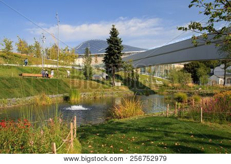 Moscow - September 4, 2018: Zaryadye Park with the modern amphitheater in Moscow, Russia. Zaryadye is one of the main tourist attractions of Moscow