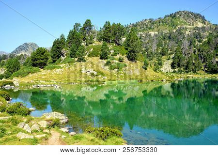 Beautiful mountain landscape in Neouvielle national nature reserve, Lac de Bastan inferieur, French Pyrenees.