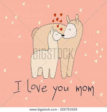 Baby Shower Cards. Vector Lama Mom And Baby