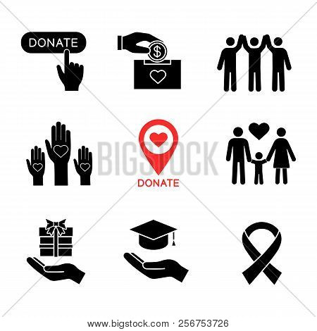 Charity Glyph Icons Set. Silhouette Symbols. Donate Button, Fundraising, Charity Organization Locati