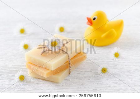Handmade Natural Baby Soap With Chamomile Flowers And A Duck Toy