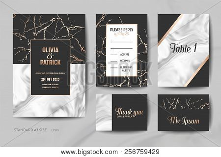 Wedding Invitation Cards Collection. Save The Date, Rsvp, Signs With Trendy Marble Texture Backgroun