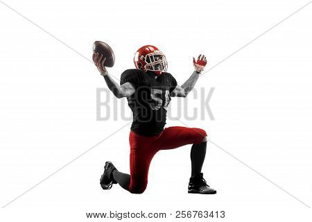 Active One American Football Player Isolated On White Background. Fit Caucasian Man In Uniform Posin