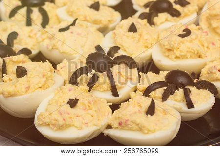 Deviled Eggs With A Spider For Halloween Party