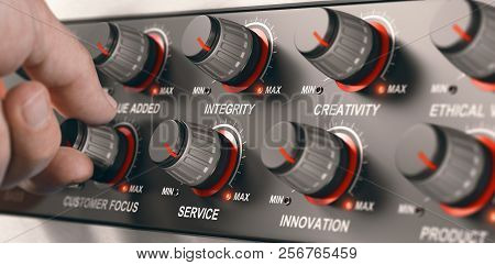 Man Turning A Button On A Dashbord With All Core Values Of A Company To Set It To The Maximum. Compo
