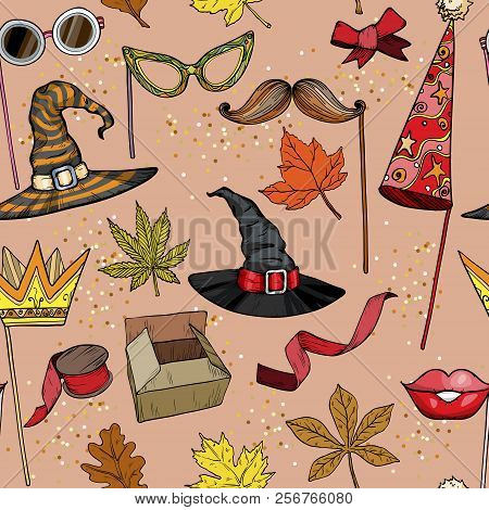Seamless Pattern With Autumn Party Accessories Set