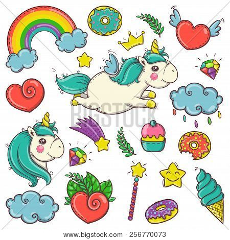 Cute Set Of Magical Elements With Unicorns, Candies And Treasures.