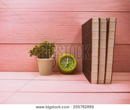 The Abstract Artdesign Background Of Books Stacked,green Alarm Clock And Ceramic Clay Pot With Plant
