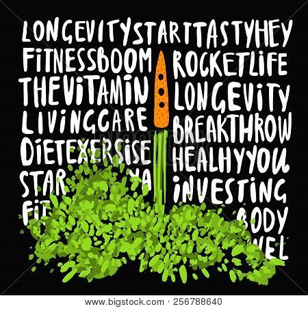 Illustration Of The Concept Of A Healthy Lifestyle. Carrots With A Halms, Taking Off Like A Rocket W