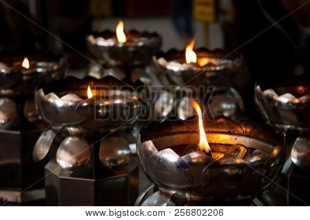 Oil Lantern In Chinese Temple In Thailand Close Up.