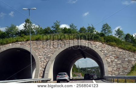 Bridge for animals over a highway on a background of mountains and blue sky. June 18,2018. Ostfold Region,South Norway