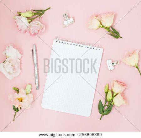 Feminine Home Office Workspace. Notebook With Copyspace. Flat Lay, Magazines, Social Media, Top View