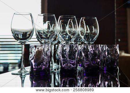 Glasses With Alcoholic Drinks In A Restaurant
