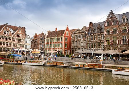 Ghent, Belgium - August 14, 2015 - Old Colorful Traditional Houses At The Graslei Along The Canal.