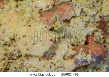 Spicy Indian Prawn Food Dish, Prepared With Coconut For Nice Taste. Close Up Image Of The Prawns Bei