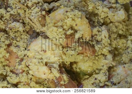 Spicy Indian Prawn Food Dish, Prepared With Coconut For Nice Taste. Close Up Image Of The Prawns Bei