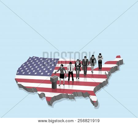 American Election Over An 3d Map With Usa Citizens And Us Flag. All The Objects, Shadows And Backgro