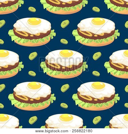 Fast Food Seamless Pattern With Omelette Sandwich And Pickles. Vector Illustration Background