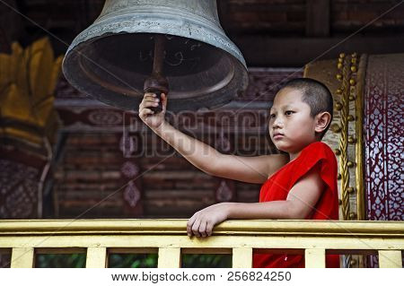 Luang Prabang , Laos - Aug 12 2018 : Novice Monk In Luang Prabang Laos On August 12 2018. It Is Esti