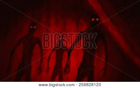 Attack Zombies Inside Tomb. Genre Of Horror. Red Background Color.