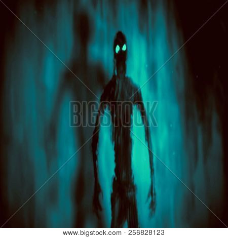 Attack Ghost Inside Tomb. Genre Of Horror. Blue Background Color.