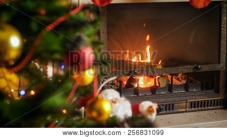 Beautiful Firepalce Decorated For Christmas At Night