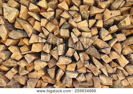 Preparation Of Firewood For The Winter. Firewood Background, Stacks Of Firewood In The Forest. Pile 