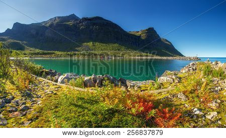 Norway. Senja Island. Autumn Landscape With Bay And Rocks. Colorful North Nature. Autumnal Panorama.