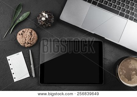 Top View Mockup Image Of Keyboard Laptop, Tablet Pc Or Ipad, A Page On The Note Book And Coffee Cup 