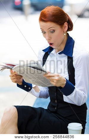 Shocked, Astonished Businesswoman Reading Newspaper, Bad News Isolated Outside City Street Backgroun