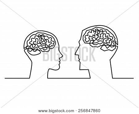 Continuous One Line Drawing Head Silhouettes Of A Couple With A Labyrinth Inside Their Heads Showing