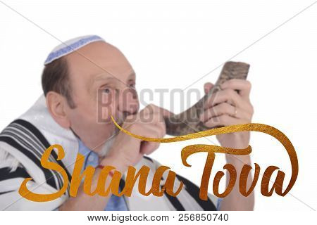 Eldery Jewish Man Blowing The Shofar Horn For The Jewish New Year Holiday (rosh Hashanah). Religion 