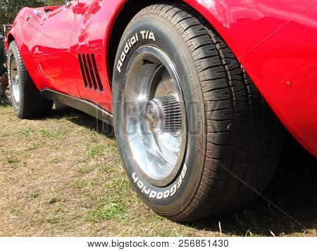 Hebden Bridge, West Yorkshire, England - August 5 2018: Side View The Wheels Of A Vintage Red C3 Cor