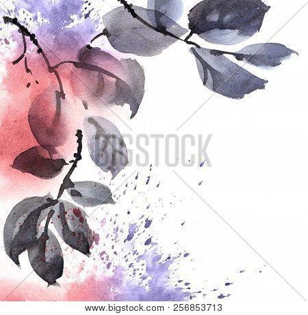 Watercolor Tree Branch With Blue And Purple Watersplash