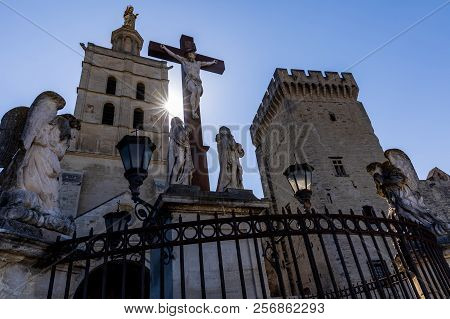 Low Angle View Of Christ Statue At Palais Des Papes Papal Palace , Avignon, France