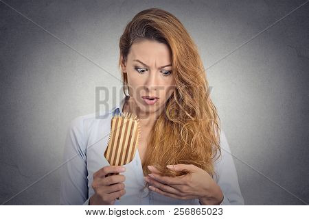 Portrait Upset Woman Combing Surprised She Is Losing Hair, Receding Hairline. Face Expression Emotio