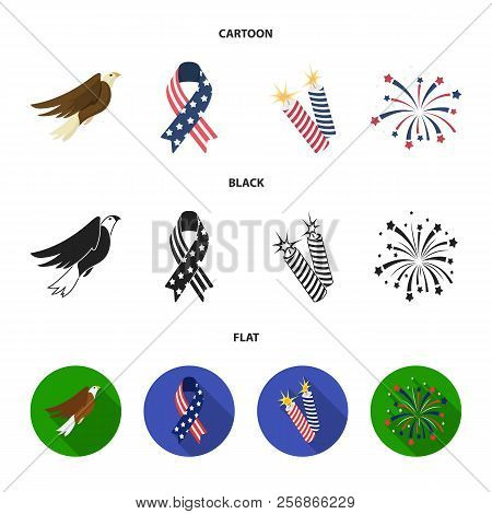 American Eagle, Ribbon, Salute. The Patriot S Day Set Collection Icons In Cartoon, Black, Flat Style