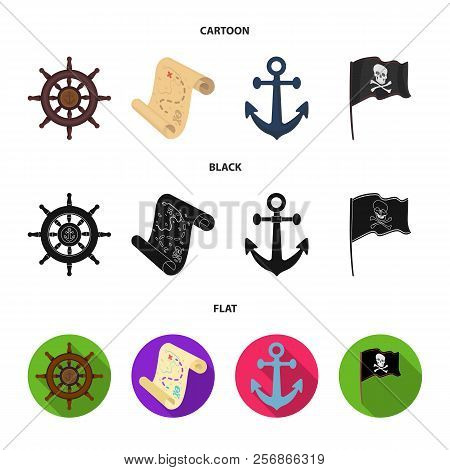 Pirate, Bandit, Rudder, Flag .pirates Set Collection Icons In Cartoon, Black, Flat Style Vector Symb