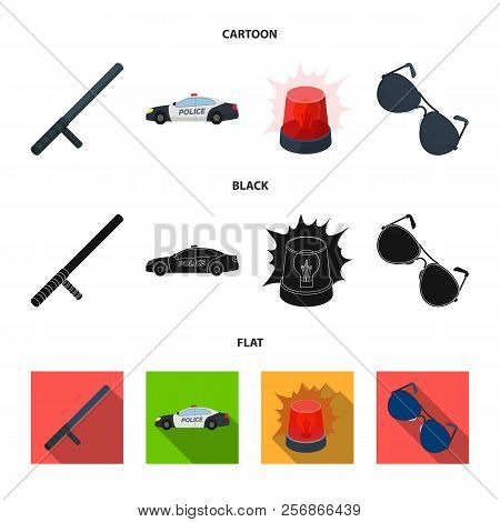 Police Baton, Auto, Flasher, Glasses.police Set Collection Icons In Cartoon, Black, Flat Style Vecto
