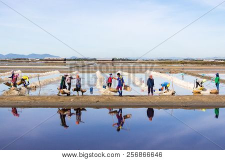 Petchaburi, Thailand - 12th August 2017: Workers Gathering Sea Salt From The Salt Pans.the Farms Oft