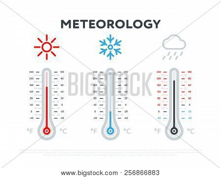 Cloudy, Hot And Cold Meteorology Thermometers On White Background. Blue And Red Thermometers With Cl