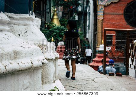 Kathmandu Nepal August 24, 2018 View Of A Nepali Child Playing Around The Shree Gha Stupa Temple Loc