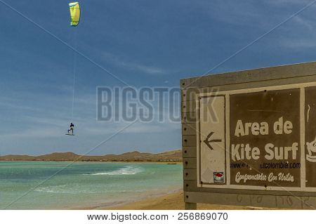 Cabo De La Vela, La Guajira, Colombia. April 2018. A View Of Kitesurfing In Cabo De La Vela In Colom