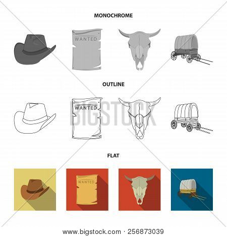 Cowboy Hat, Is Searched, Cart, Bull's Skull. Wild West Set Collection Icons In Flat,outline,monochro